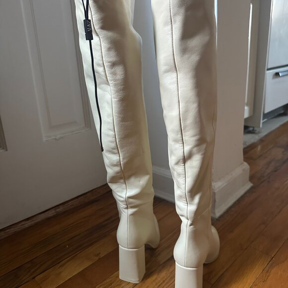 NWT ZARA 100% LEATHER BONE ECRU HEELED KNEE HIGH BOOTS (Size 37, 6.5) - Picture 3 of 5